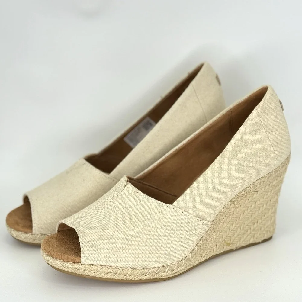 TOMS Canvas Espadrille Wedge Heels‎ Women's 9.5 Open Toe Natural Jute Sole